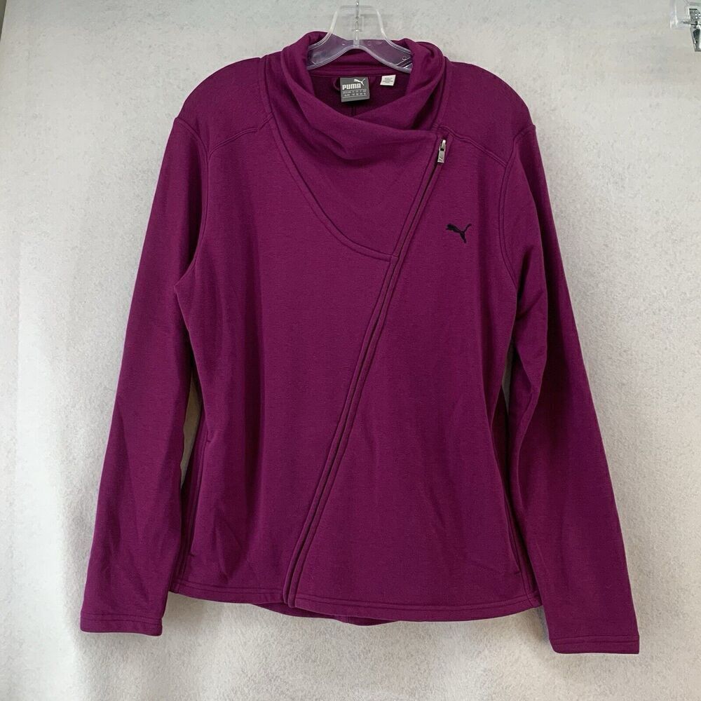 Puma Women’s Diagonal Zip Purple Cotton Jacket Sz XL Logo Athletic Pockets